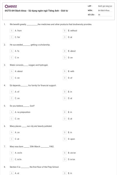ĐGTD ĐH Bách khoa - Sử dụng ngôn ngữ Tiếng Anh - Giới từ