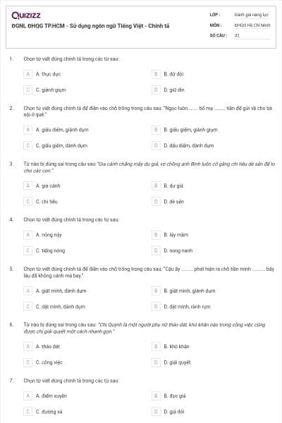 ĐGNL ĐHQG TP.HCM - Sử dụng ngôn ngữ Tiếng Việt - Chính tả