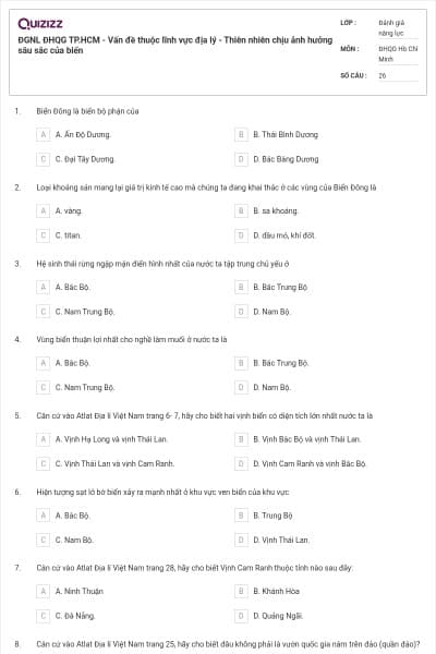 ĐGNL ĐHQG TP.HCM - Vấn đề thuộc lĩnh vực địa lý - Thiên nhiên chịu ảnh hưởng sâu sắc của biển
