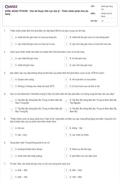 ĐGNL ĐHQG TP.HCM - Vấn đề thuộc lĩnh vực địa lý - Thiên nhiên phân hóa đa dạng