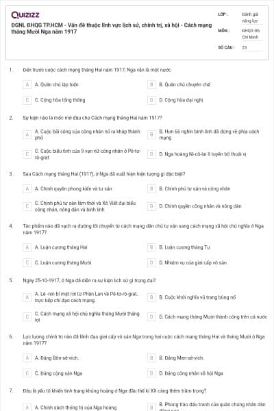 ĐGNL ĐHQG TP.HCM - Vấn đề thuộc lĩnh vực lịch sử, chính trị, xã hội - Cách mạng tháng Mười Nga năm 1917
