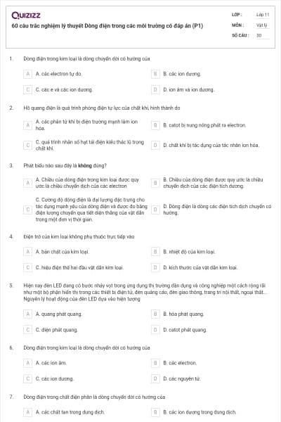60 câu trắc nghiệm lý thuyết Dòng điện trong các môi trường có đáp án (P1)