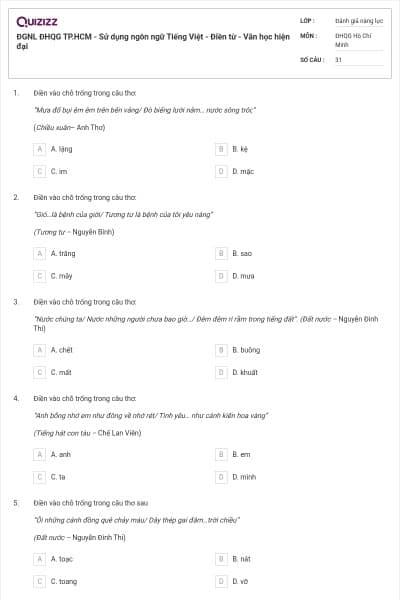 ĐGNL ĐHQG TP.HCM - Sử dụng ngôn ngữ Tiếng Việt - Điền từ - Văn học hiện đại