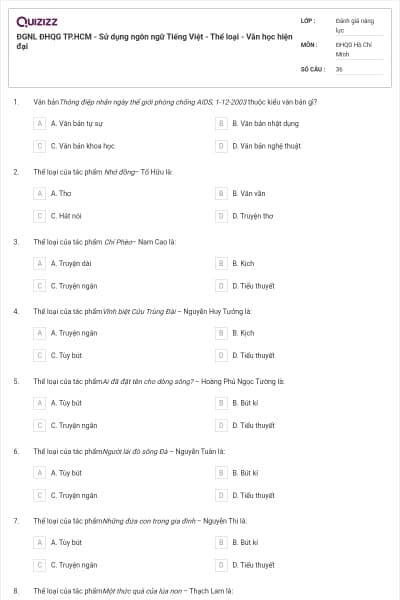 ĐGNL ĐHQG TP.HCM - Sử dụng ngôn ngữ Tiếng Việt - Thể loại - Văn học hiện đại