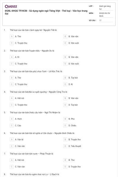 ĐGNL ĐHQG TP.HCM - Sử dụng ngôn ngữ Tiếng Việt - Thể loại - Văn học trung đại
