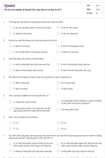 60 câu trắc nghiệm lý thuyết Cảm ứng điện từ có đáp án (P1)