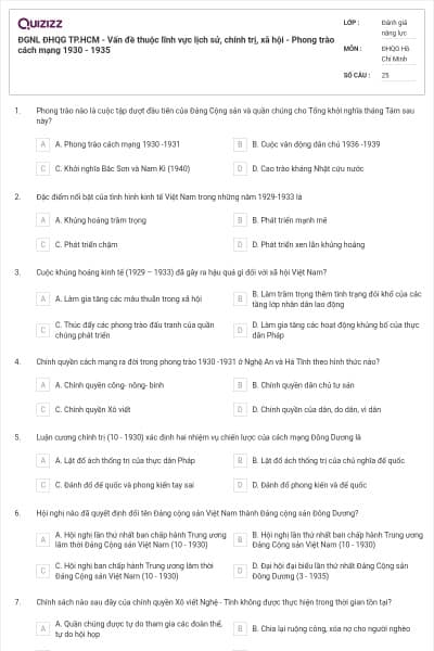 ĐGNL ĐHQG TP.HCM - Vấn đề thuộc lĩnh vực lịch sử, chính trị, xã hội - Phong trào cách mạng 1930 - 1935