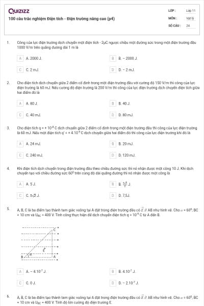100 câu trắc nghiệm Điện tích - Điện trường nâng cao (p4)
