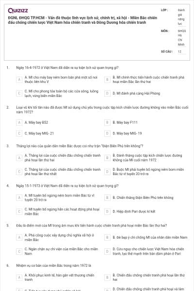 ĐGNL ĐHQG TP.HCM - Vấn đề thuộc lĩnh vực lịch sử, chính trị, xã hội - Miền Bắc chiến đấu chống chiến lược Việt Nam hóa chiến tranh và Đông Dương hóa chiến tranh
