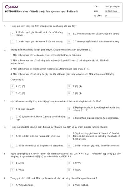 ĐGTD ĐH Bách khoa - Vấn đề thuộc lĩnh vực sinh học - Phiên mã