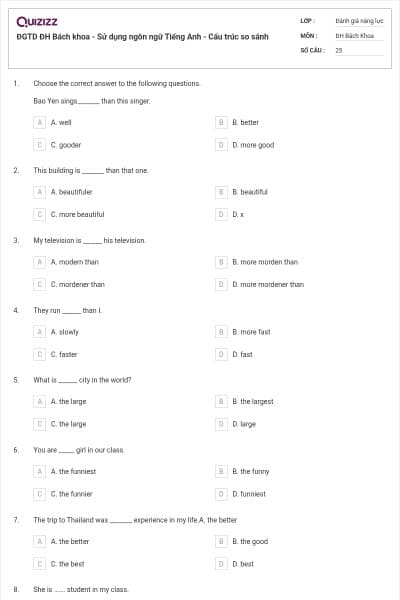 ĐGTD ĐH Bách khoa - Sử dụng ngôn ngữ Tiếng Anh - Cấu trúc so sánh