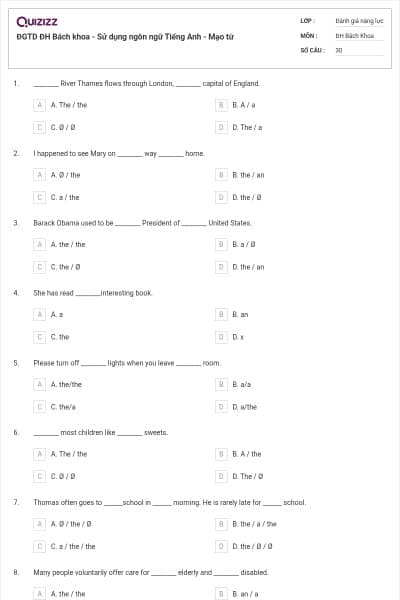 ĐGTD ĐH Bách khoa - Sử dụng ngôn ngữ Tiếng Anh - Mạo từ