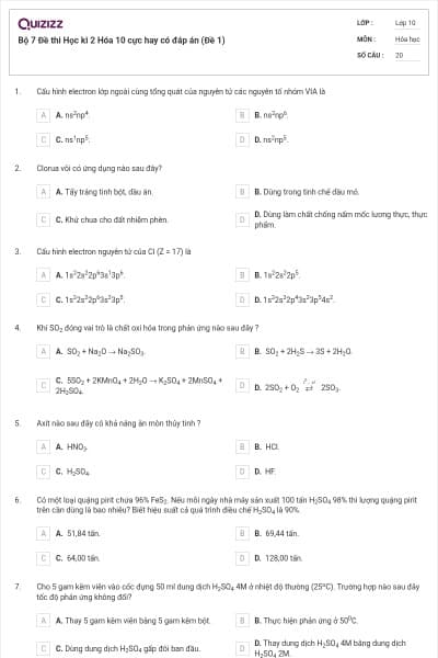 Bộ 7 Đề thi Học kì 2 Hóa 10 cực hay có đáp án (Đề 1)