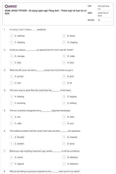 ĐGNL ĐHQG TP.HCM - Sử dụng ngôn ngữ Tiếng Anh - Thành ngữ và Cụm từ cố định