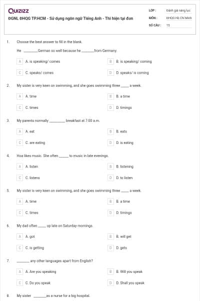 ĐGNL ĐHQG TP.HCM - Sử dụng ngôn ngữ Tiếng Anh - Thì hiện tại đơn