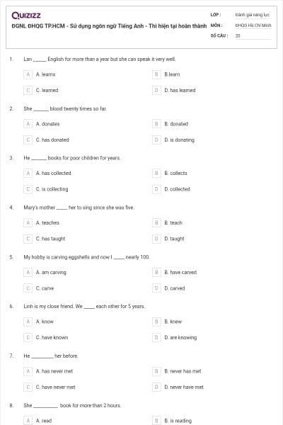 ĐGNL ĐHQG TP.HCM - Sử dụng ngôn ngữ Tiếng Anh - Thì hiện tại hoàn thành