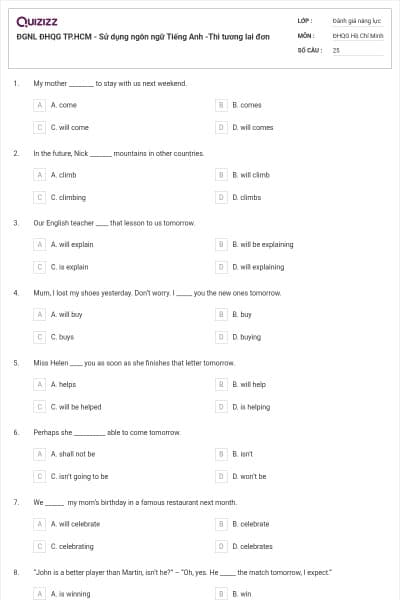 ĐGNL ĐHQG TP.HCM - Sử dụng ngôn ngữ Tiếng Anh -Thì tương lai đơn