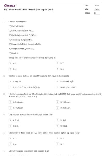Bộ 7 Đề thi Học kì 2 Hóa 10 cực hay có đáp án (Đề 5)