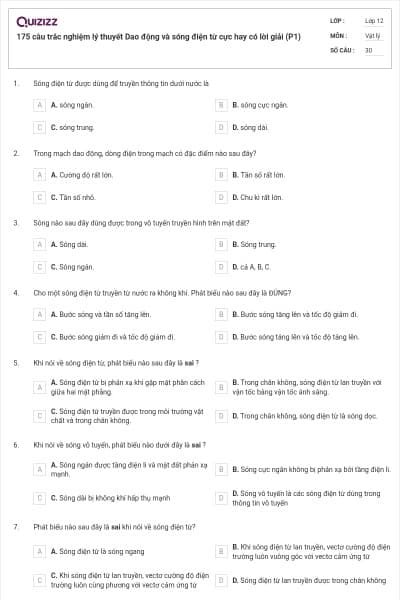 175 câu trắc nghiệm lý thuyết Dao động và sóng điện từ cực hay có lời giải (P1)