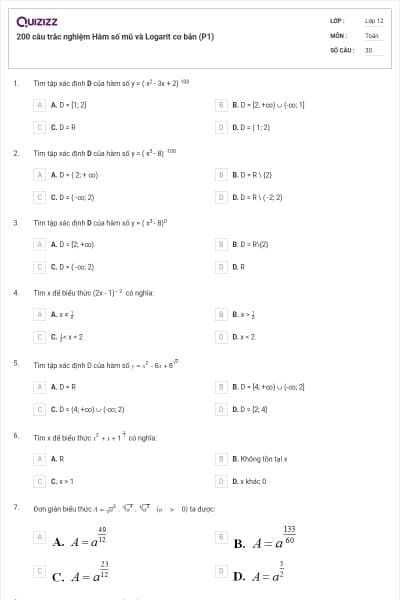 200 câu trắc nghiệm Hàm số mũ và Logarit cơ bản (P1)