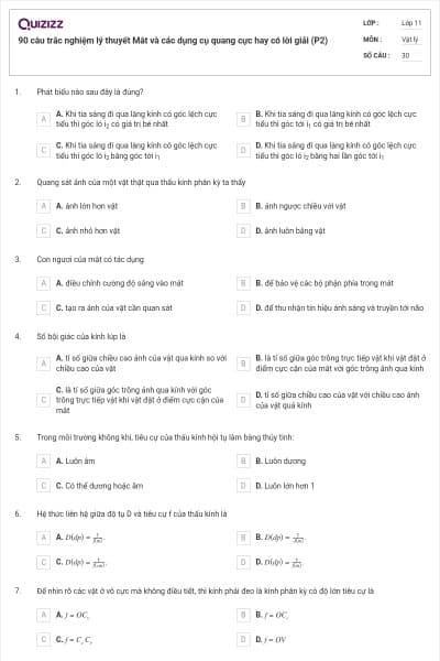 90 câu trắc nghiệm lý thuyết Mắt và các dụng cụ quang cực hay có lời giải (P2)