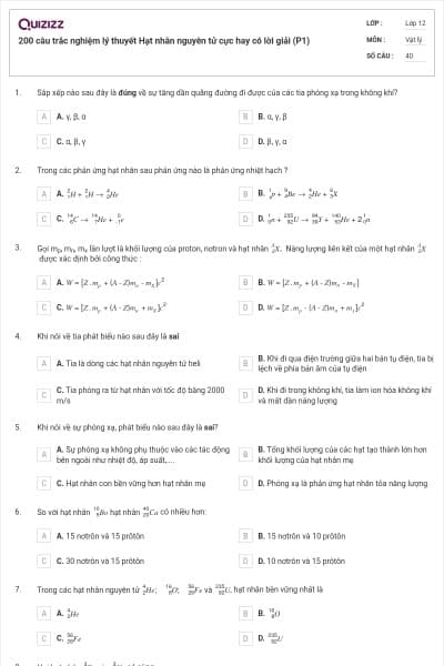 200 câu trắc nghiệm lý thuyết Hạt nhân nguyên tử cực hay có lời giải (P1)