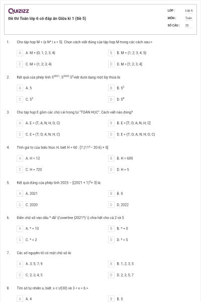 Đề thi Toán lớp 6 có đáp án Giữa kì 1 (Đề 5)
