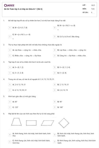 Đề thi Toán lớp 6 có đáp án Giữa kì 1 (Đề 6)