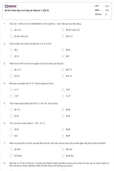 Đề thi Toán lớp 6 có đáp án Giữa kì 1 (Đề 9)