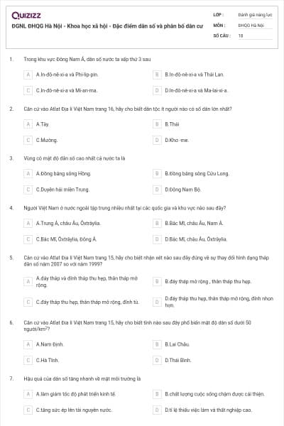 ĐGNL ĐHQG Hà Nội - Khoa học xã hội - Đặc điểm dân số và phân bố dân cư