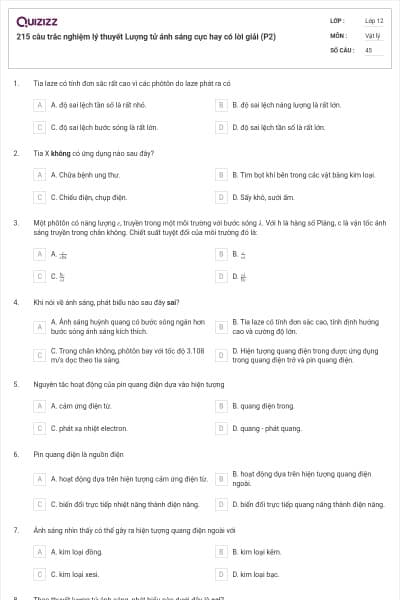 215 câu trắc nghiệm lý thuyết Lượng tử ánh sáng cực hay có lời giải (P2)