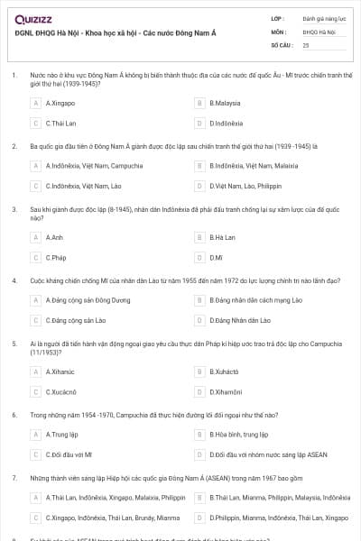 ĐGNL ĐHQG Hà Nội - Khoa học xã hội - Các nước Đông Nam Á