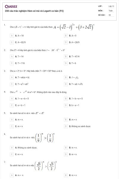 200 câu trắc nghiệm Hàm số mũ và Logarit cơ bản (P2)