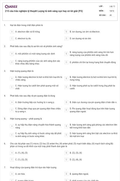215 câu trắc nghiệm lý thuyết Lượng tử ánh sáng cực hay có lời giải (P3)