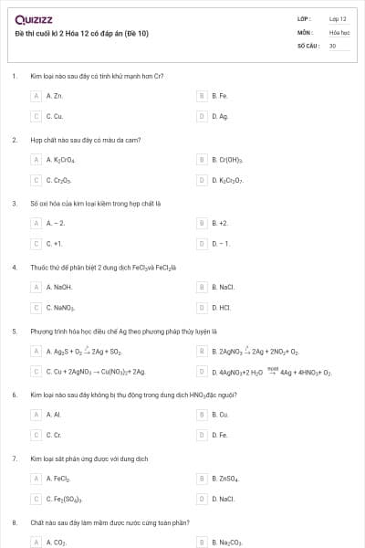 Đề thi cuối kì 2 Hóa 12 có đáp án (Đề 10)