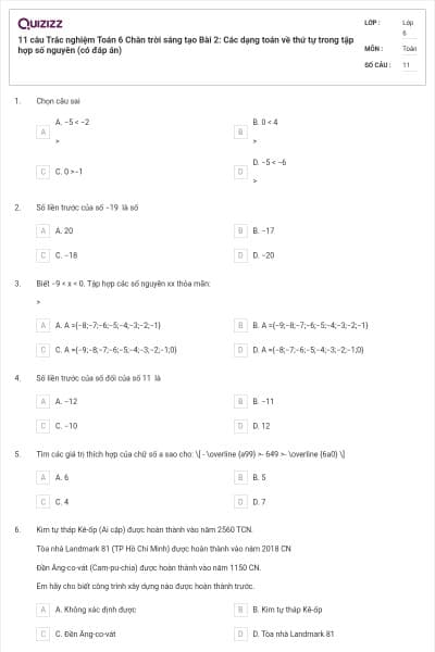 11 câu Trắc nghiệm Toán 6 Chân trời sáng tạo Bài 2: Các dạng toán về thứ tự trong tập hợp số nguyên (có đáp án)