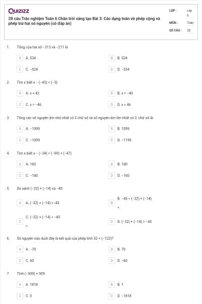 28 câu Trắc nghiệm Toán 6 Chân trời sáng tạo Bài 3: Các dạng toán về phép cộng và phép trừ hai số nguyên (có đáp án)