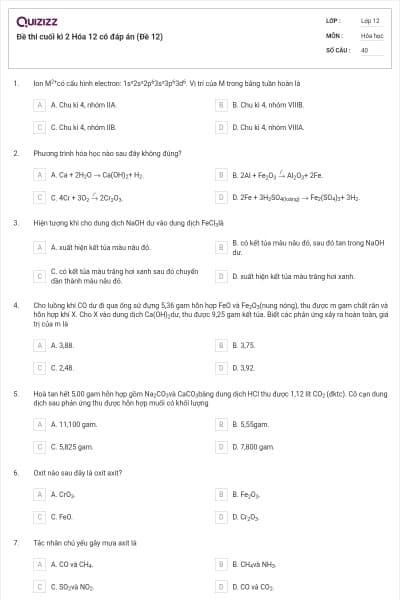 Đề thi cuối kì 2 Hóa 12 có đáp án (Đề 12)