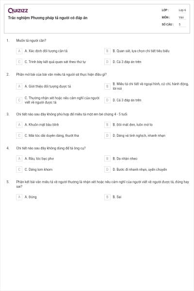Trắc nghiệm Phương pháp tả người có đáp án