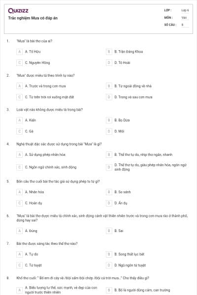 Trắc nghiệm Mưa có đáp án