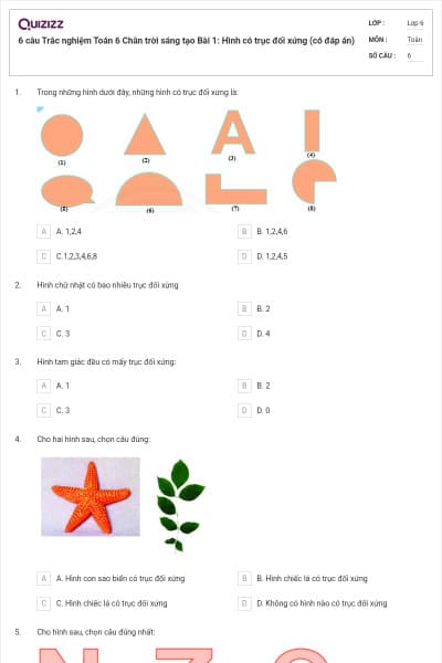 6 câu Trắc nghiệm Toán 6 Chân trời sáng tạo Bài 1: Hình có trục đối xứng (có đáp án)