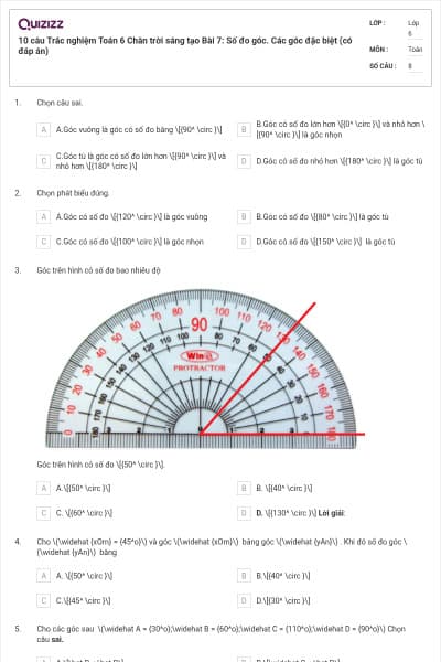 10 câu Trắc nghiệm Toán 6 Chân trời sáng tạo Bài 7: Số đo góc. Các góc đặc biệt (có đáp án)