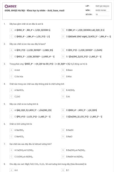 ĐGNL ĐHQG Hà Nội - Khoa học tự nhiên - Acid, base, muối