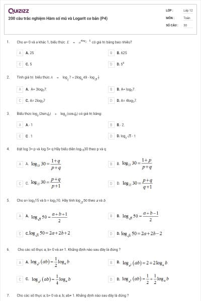 200 câu trắc nghiệm Hàm số mũ và Logarit cơ bản (P4)