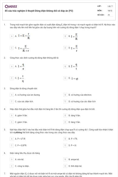 85 câu trắc nghiệm lí thuyết Dòng điện không đổi có đáp án (P3)