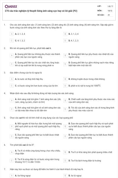 270 câu trắc nghiệm lý thuyết Sóng ánh sáng cực hay có lời giải (P2)