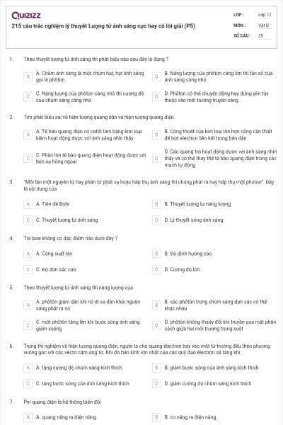 215 câu trắc nghiệm lý thuyết Lượng tử ánh sáng cực hay có lời giải (P5)