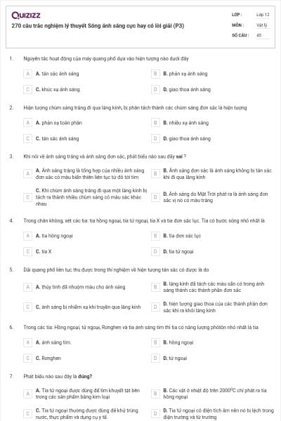 270 câu trắc nghiệm lý thuyết Sóng ánh sáng cực hay có lời giải (P3)