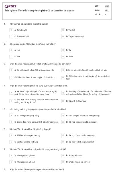Trắc nghiệm Tìm hiểu chung về tác phẩm Cô bé bán diêm có đáp án