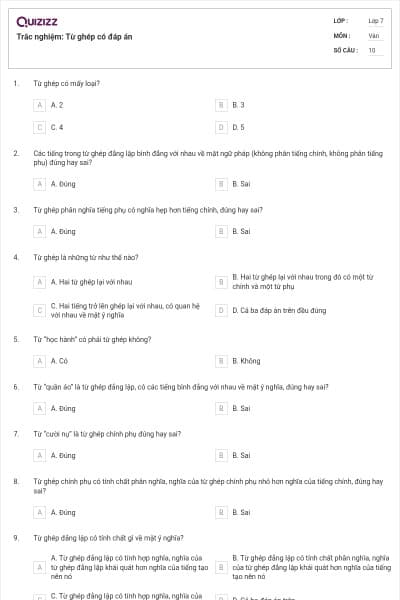 Trắc nghiệm: Từ ghép có đáp án
